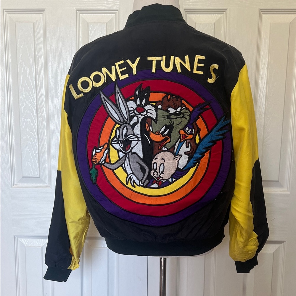 Vintage 90s Jeff Hamilton Looney Tunes Silk Bomber Black and Yellow  Jacket Sz S
